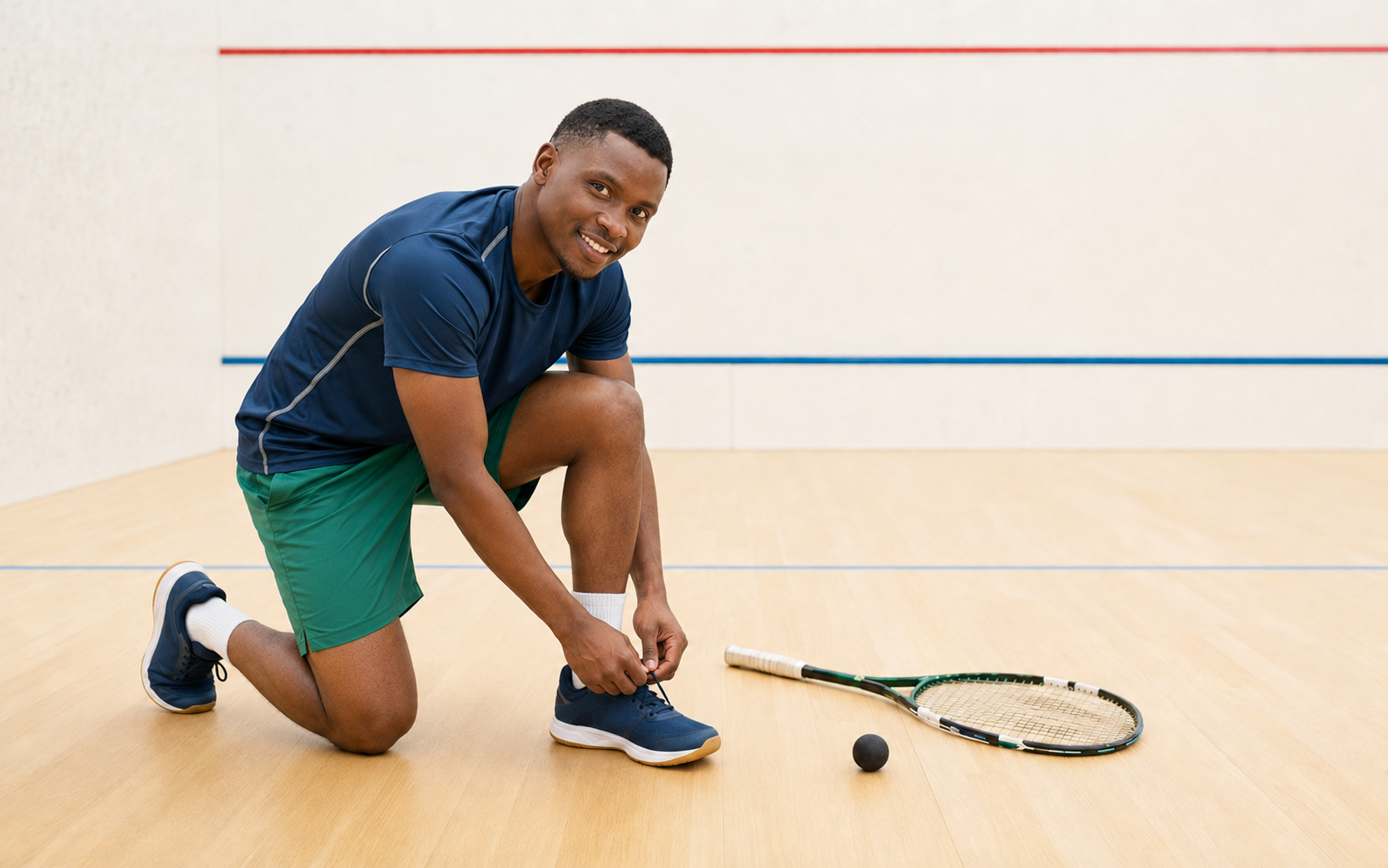 A squash player kneeling on court and tying his shoe beside a squash racket and ball.