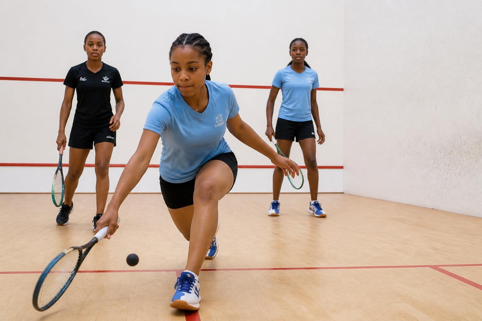 Young Botswana girls playing squash on an indoor squash court with racquets and a squash ball